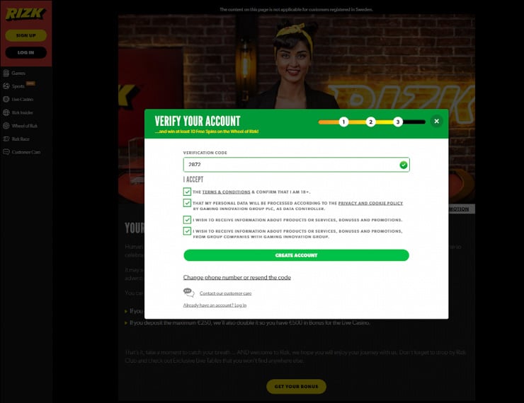 Rizk casino account verification.